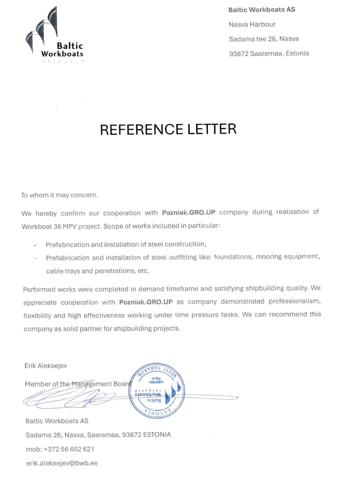 Reference letter from BALTIC WORKBOATS AS