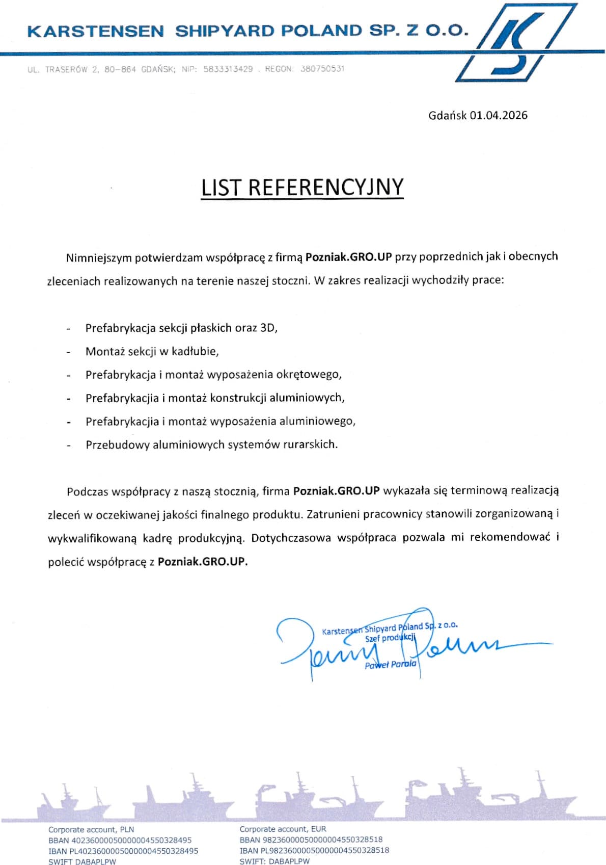 Reference letter from KARSTENSEN SHIPYARD POLAND SP. Z O.O.