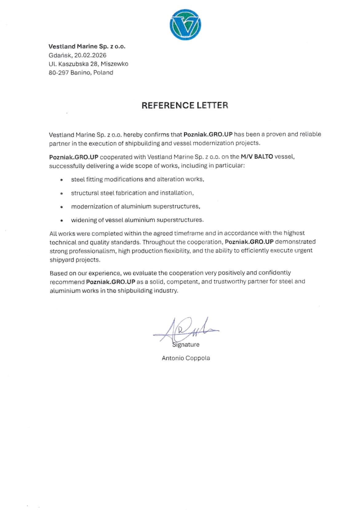 Reference letter from VESTLAND MARINE SP. Z O.O.
